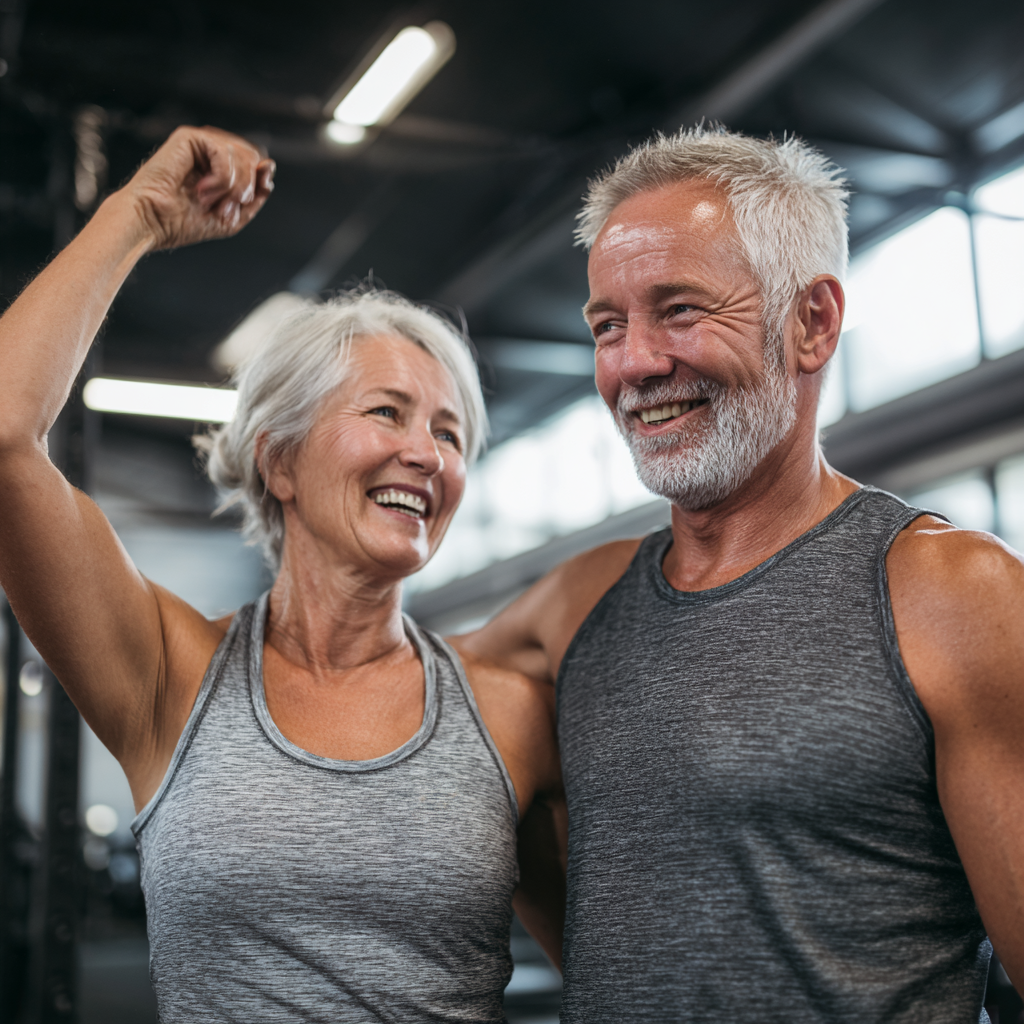 Smiling older European man showing improved posture and muscle definition after fitness training